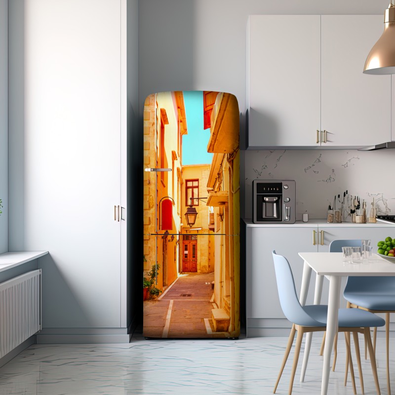 Naklejka na lodówkę słoneczna żółta uliczka w Rethymno, Kreta – Wallissimo® Naklejka na lodówkę słoneczna żółta uliczka w Rethymno, Kreta – Wallissimo®