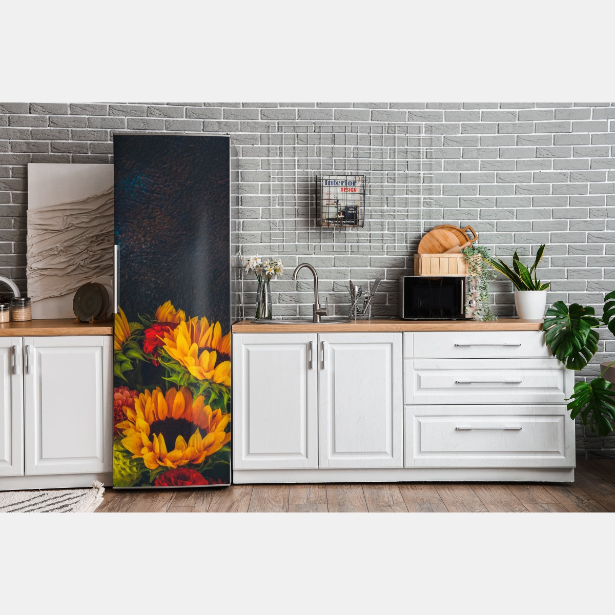 Naklejka na lodówkę żywy bukiet słoneczników na ciemnym tle – Wallissimo® Naklejka na lodówkę żywy bukiet słoneczników na ciemnym tle – Wallissimo®