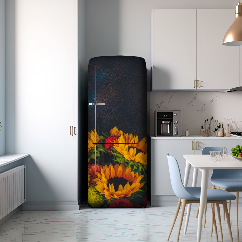 Naklejka na lodówkę żywy bukiet słoneczników na ciemnym tle – Wallissimo® Naklejka na lodówkę żywy bukiet słoneczników na ciemnym tle – Wallissimo®