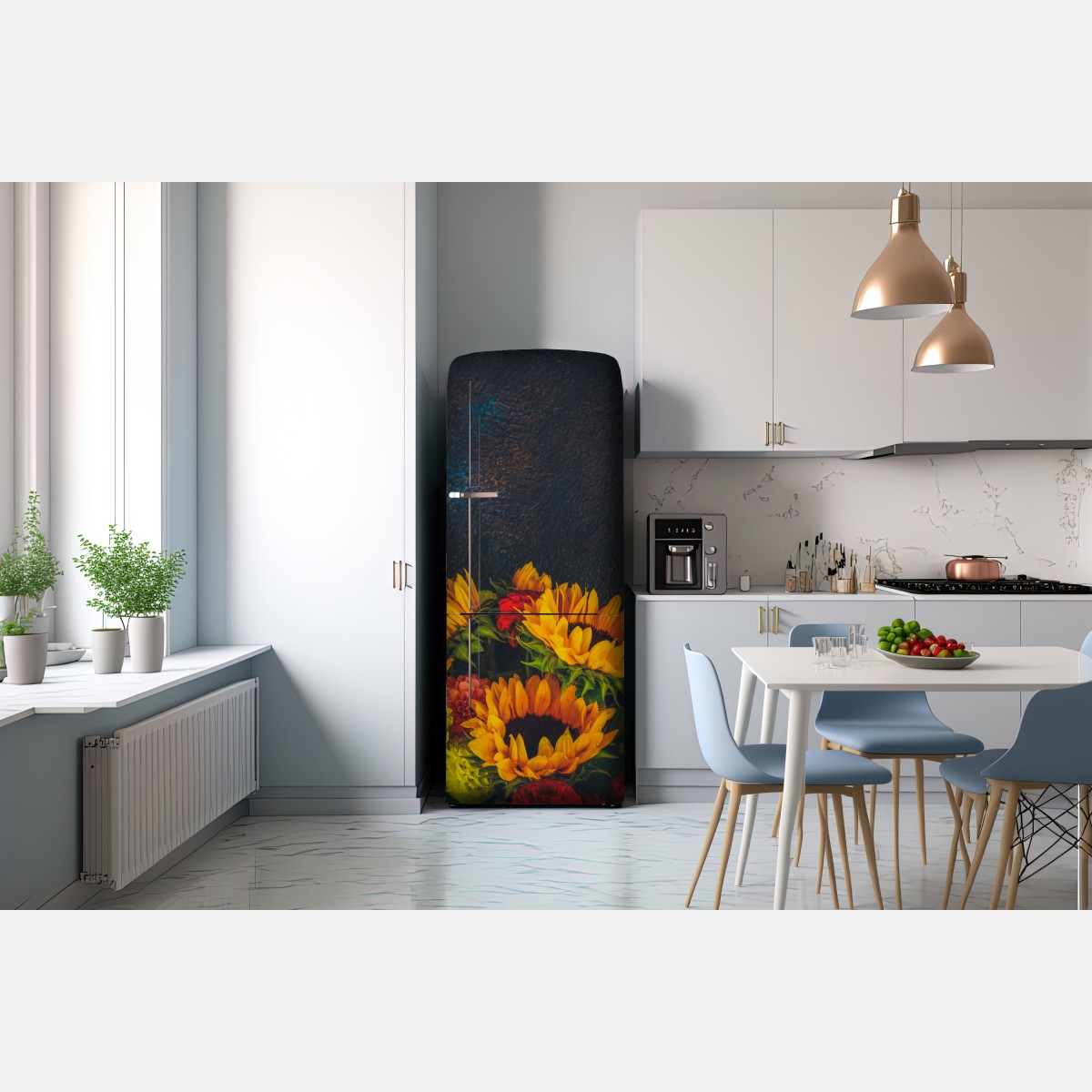 Naklejka na lodówkę żywy bukiet słoneczników na ciemnym tle – Wallissimo® Naklejka na lodówkę żywy bukiet słoneczników na ciemnym tle – Wallissimo®