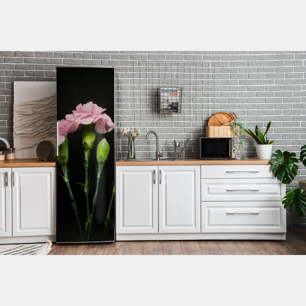 Naklejka na lodówkę różowe goździki na czarnym tle – Wallissimo® Naklejka na lodówkę różowe goździki na czarnym tle – Wallissimo®