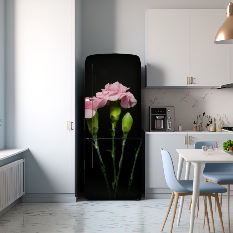 Naklejka na lodówkę różowe goździki na czarnym tle – Wallissimo® Naklejka na lodówkę różowe goździki na czarnym tle – Wallissimo®