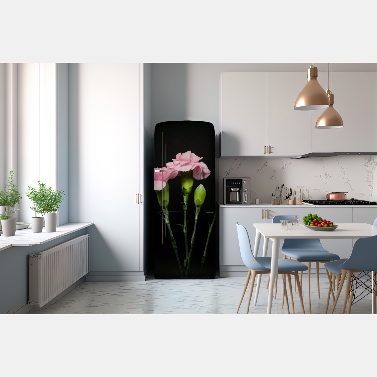 Naklejka na lodówkę różowe goździki na czarnym tle – Wallissimo® Naklejka na lodówkę różowe goździki na czarnym tle – Wallissimo®