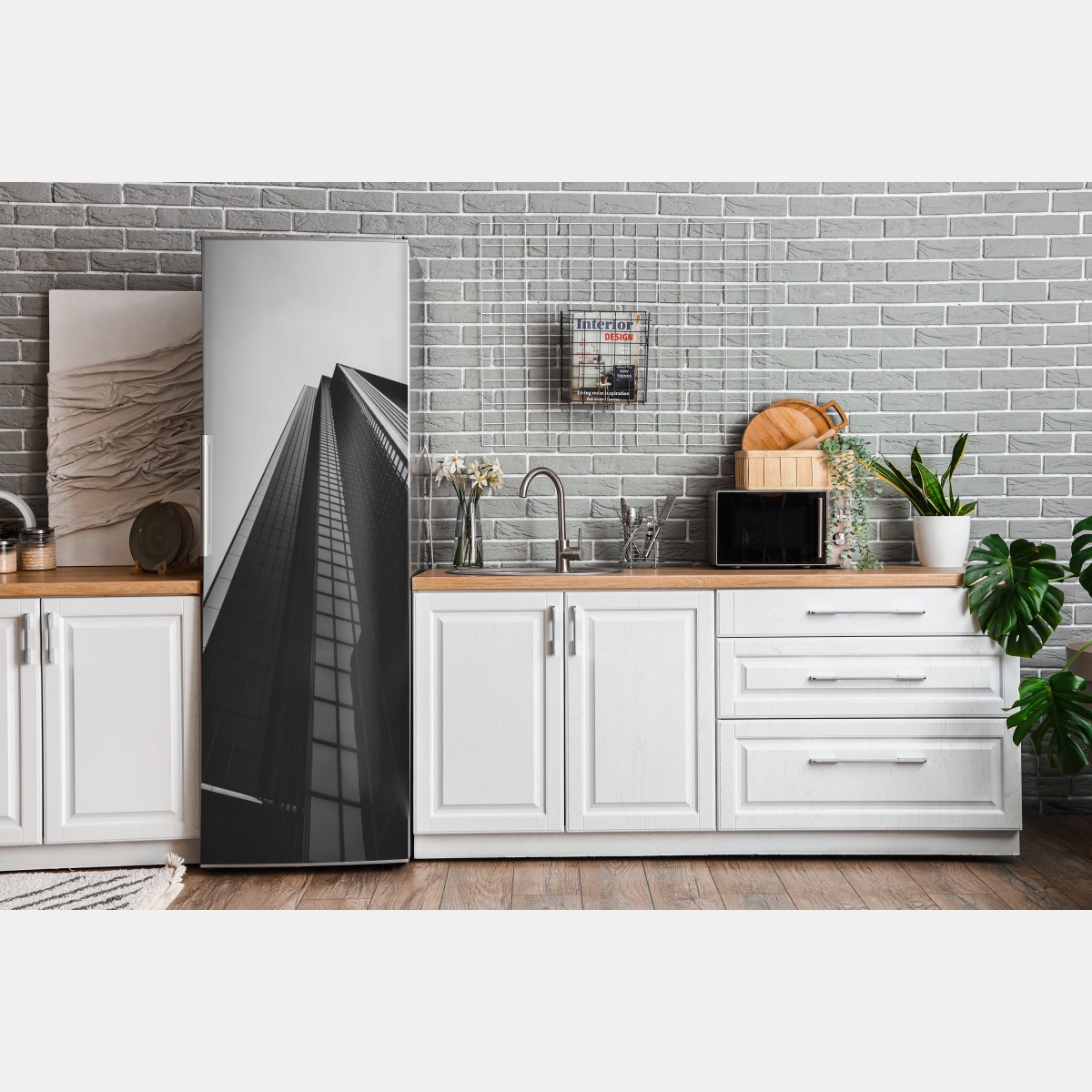 Naklejka na lodówkę monochromatyczny wieżowiec w perspektywie – Wallissimo® Naklejka na lodówkę monochromatyczny wieżowiec w perspektywie – Wallissimo®