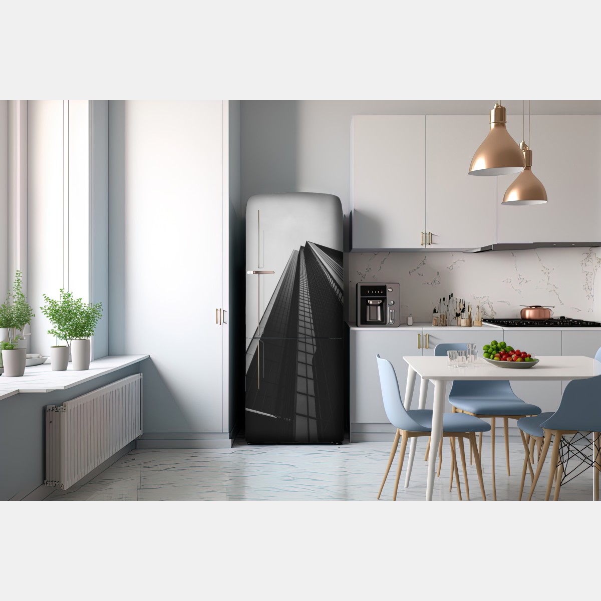 Naklejka na lodówkę monochromatyczny wieżowiec w perspektywie – Wallissimo® Naklejka na lodówkę monochromatyczny wieżowiec w perspektywie – Wallissimo®