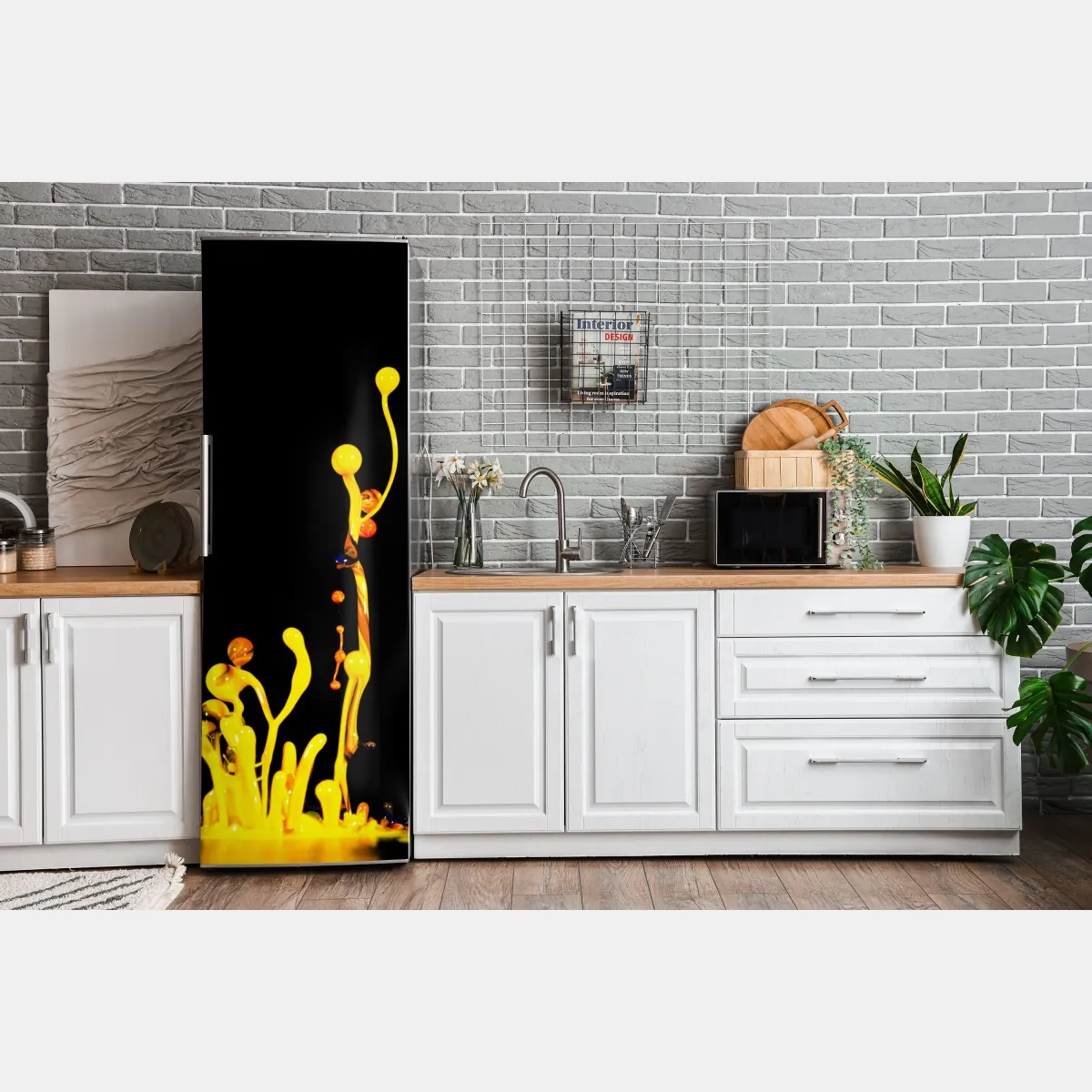 Naklejka na lodówkę intensywny żółty rozbryzg farby na czarnym tle – Wallissimo® Naklejka na lodówkę intensywny żółty rozbryzg farby na czarnym tle – Wallissimo®