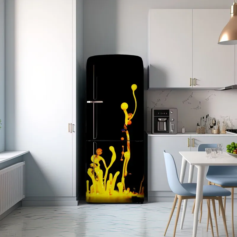 Naklejka na lodówkę intensywny żółty rozbryzg farby na czarnym tle – Wallissimo® Naklejka na lodówkę intensywny żółty rozbryzg farby na czarnym tle – Wallissimo®