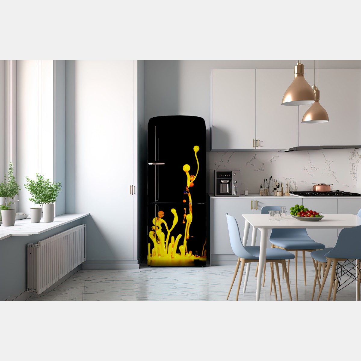Naklejka na lodówkę intensywny żółty rozbryzg farby na czarnym tle – Wallissimo® Naklejka na lodówkę intensywny żółty rozbryzg farby na czarnym tle – Wallissimo®