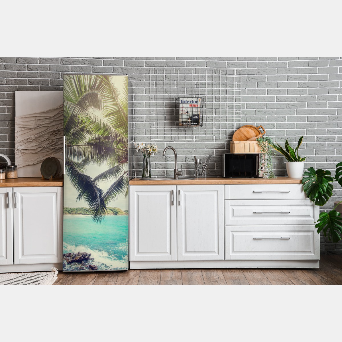 Naklejka na lodówkę tropikalne palmy kokosowe nad turkusowym morzem – Wallissimo® Naklejka na lodówkę tropikalne palmy kokosowe nad turkusowym morzem – Wallissimo®