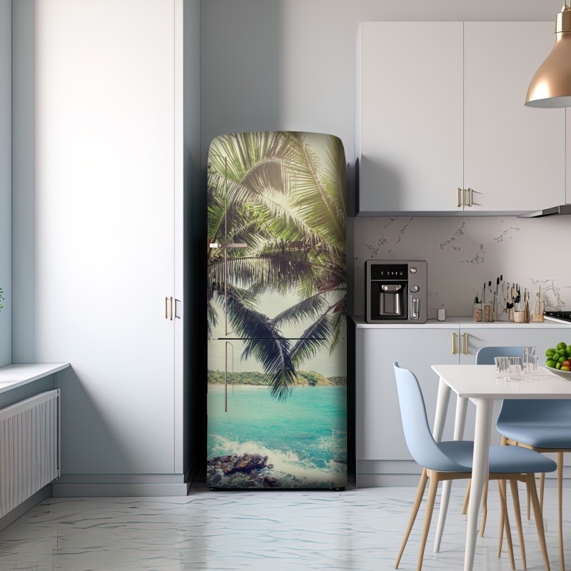 Naklejka na lodówkę tropikalne palmy kokosowe nad turkusowym morzem – Wallissimo® Naklejka na lodówkę tropikalne palmy kokosowe nad turkusowym morzem – Wallissimo®