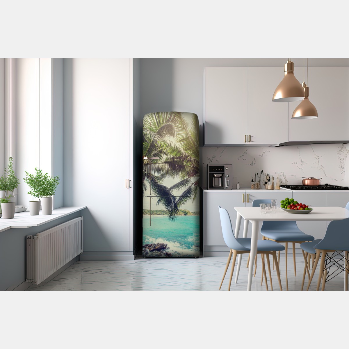 Naklejka na lodówkę tropikalne palmy kokosowe nad turkusowym morzem – Wallissimo® Naklejka na lodówkę tropikalne palmy kokosowe nad turkusowym morzem – Wallissimo®