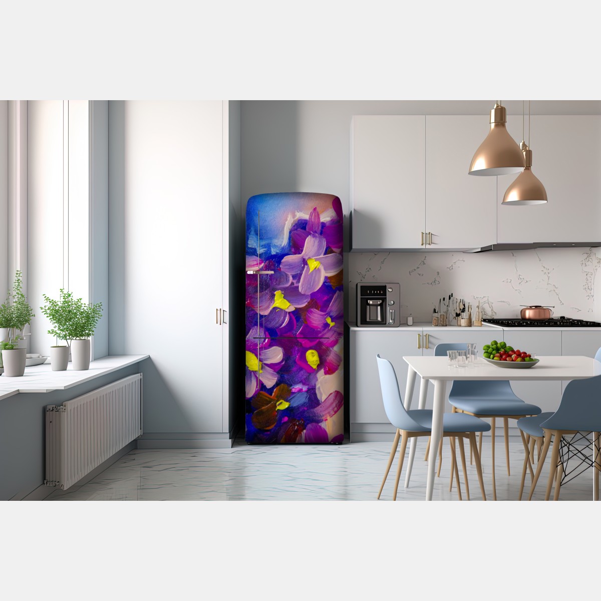 Naklejka na lodówkę wibrujący fioletowy bukiet kwiatów – Wallissimo® Naklejka na lodówkę wibrujący fioletowy bukiet kwiatów – Wallissimo®