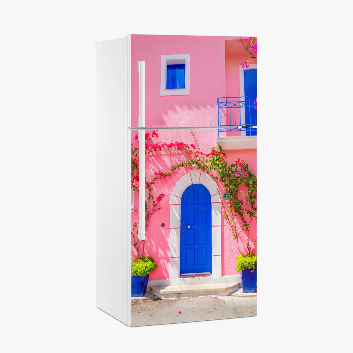 Fridge sticker vibrant pink facade with blue door – Wallissimo®