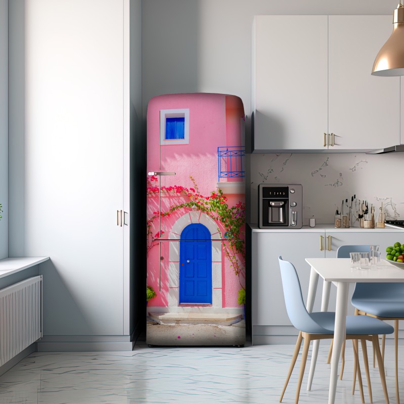 Naklejka na lodówkę intensywna różowa fasada z niebieskimi drzwiami – Wallissimo® Naklejka na lodówkę intensywna różowa fasada z niebieskimi drzwiami – Wallissimo®