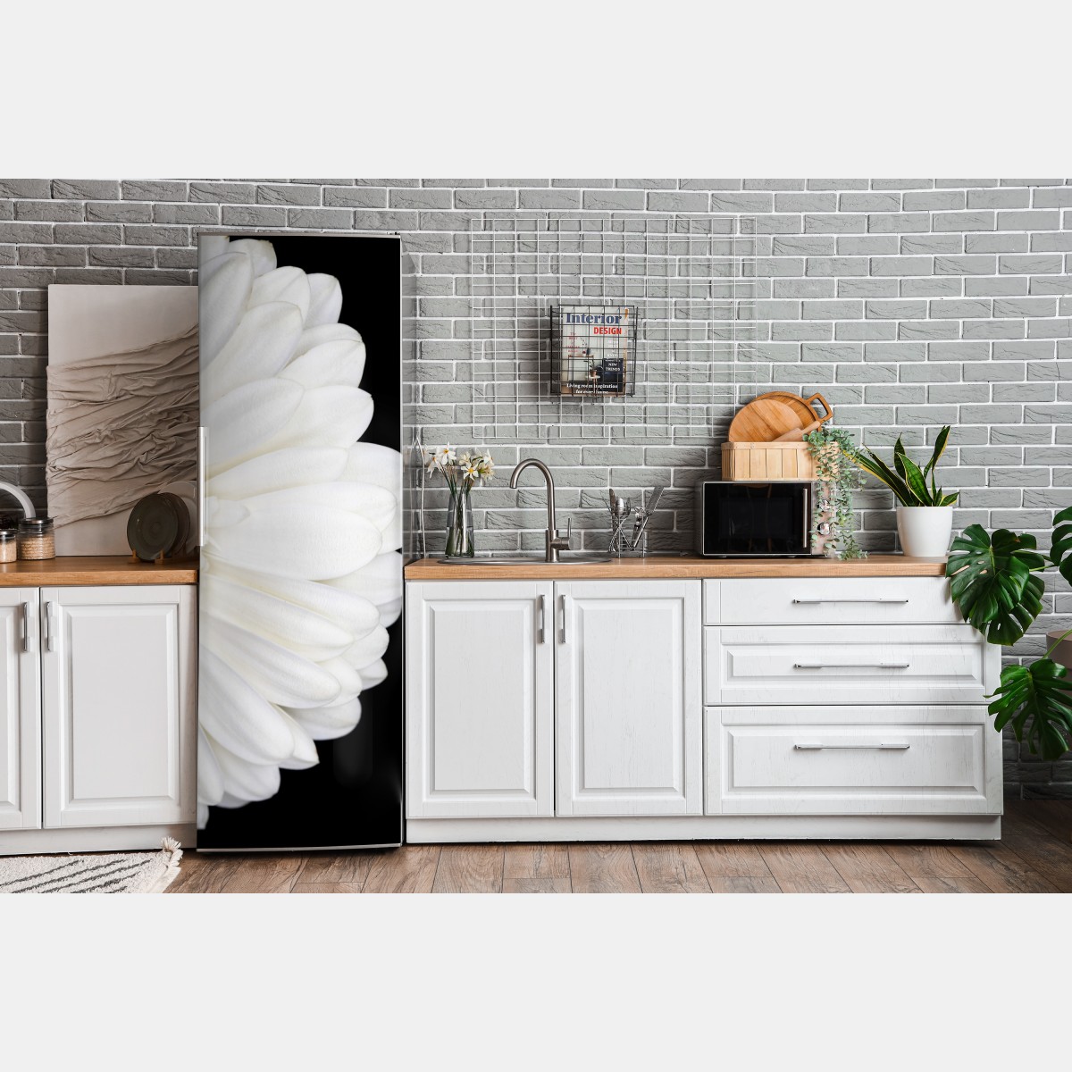 Naklejka na lodówkę biała gerbera na czarnym tle minimalistyczne zbliżenie – Wallissimo® Naklejka na lodówkę biała gerbera na czarnym tle minimalistyczne zbliżenie – Wallissimo®