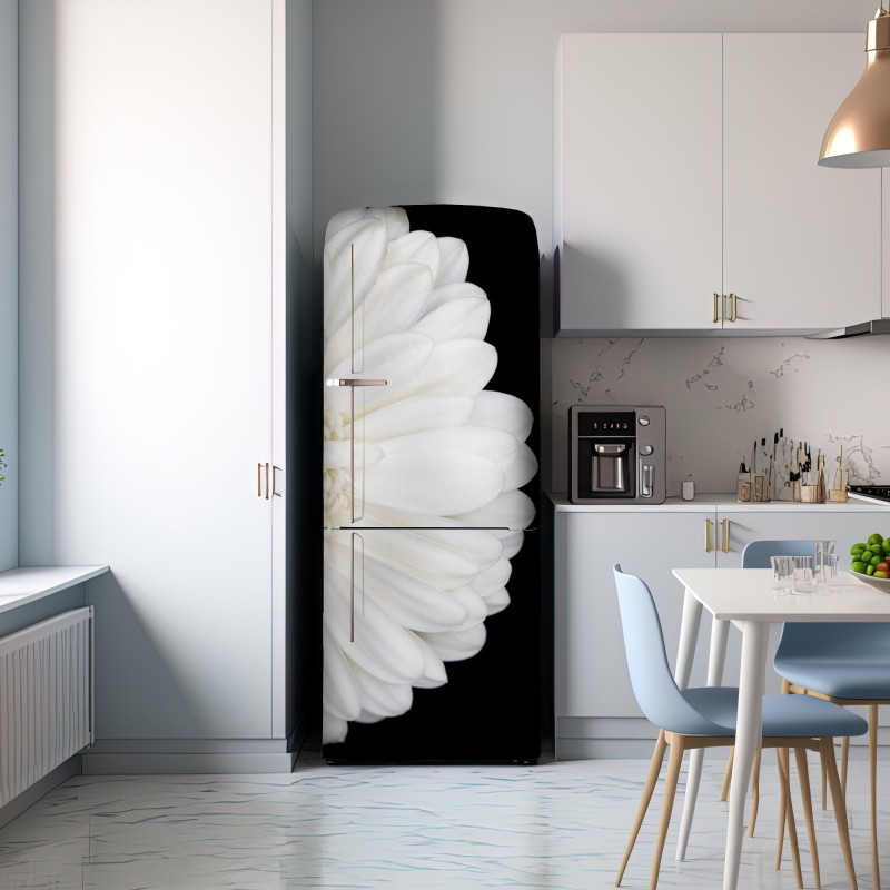 Naklejka na lodówkę biała gerbera na czarnym tle minimalistyczne zbliżenie – Wallissimo® Naklejka na lodówkę biała gerbera na czarnym tle minimalistyczne zbliżenie – Wallissimo®