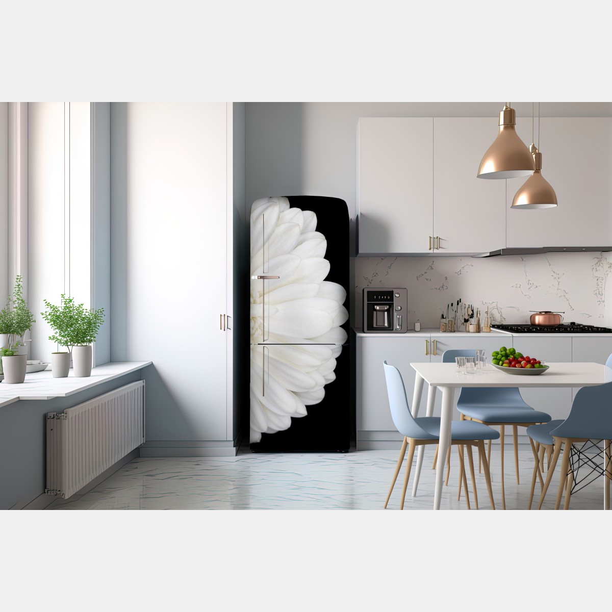 Naklejka na lodówkę biała gerbera na czarnym tle minimalistyczne zbliżenie – Wallissimo® Naklejka na lodówkę biała gerbera na czarnym tle minimalistyczne zbliżenie – Wallissimo®