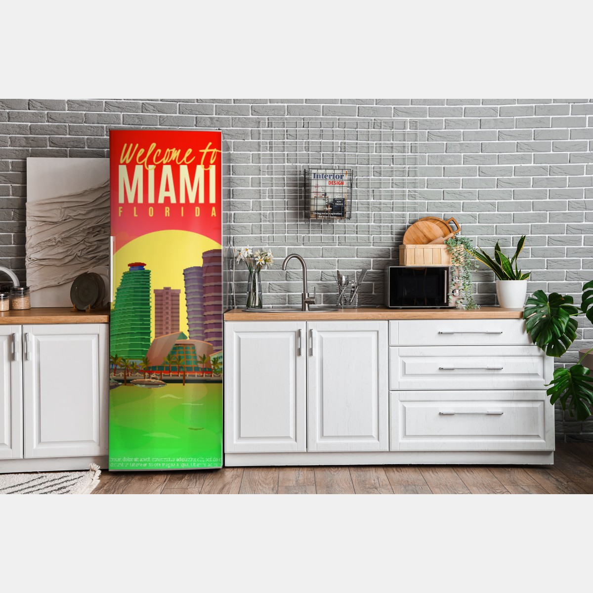 Naklejka na lodówkę Miami panorama zachodu słońca – Wallissimo® Naklejka na lodówkę Miami panorama zachodu słońca – Wallissimo®