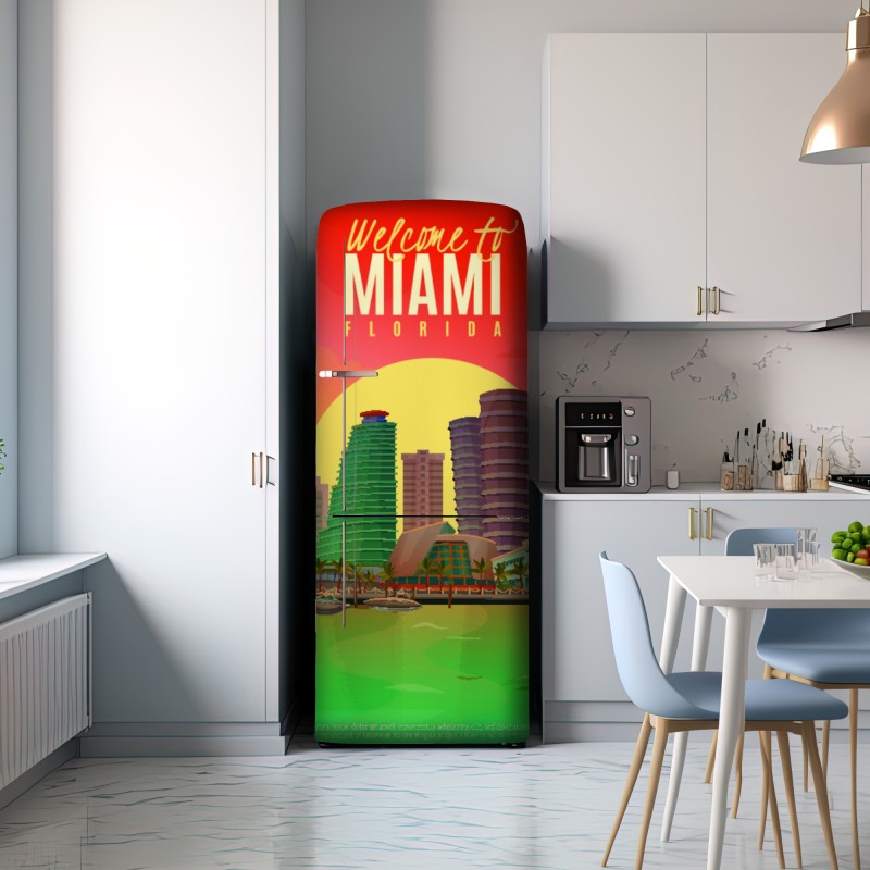 Naklejka na lodówkę Miami panorama zachodu słońca – Wallissimo® Naklejka na lodówkę Miami panorama zachodu słońca – Wallissimo®