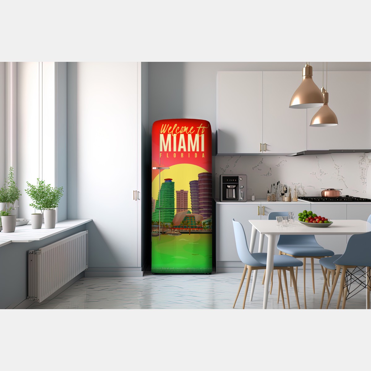 Naklejka na lodówkę Miami panorama zachodu słońca – Wallissimo® Naklejka na lodówkę Miami panorama zachodu słońca – Wallissimo®