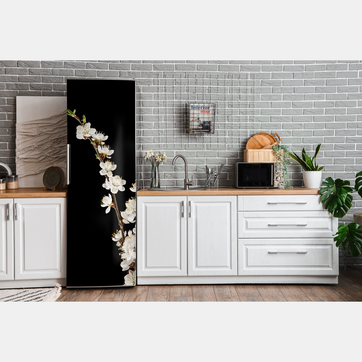 Naklejka na lodówkę delikatna gałązka kwitnącej moreli na czarnym tle – Wallissimo® Naklejka na lodówkę delikatna gałązka kwitnącej moreli na czarnym tle – Wallissimo®