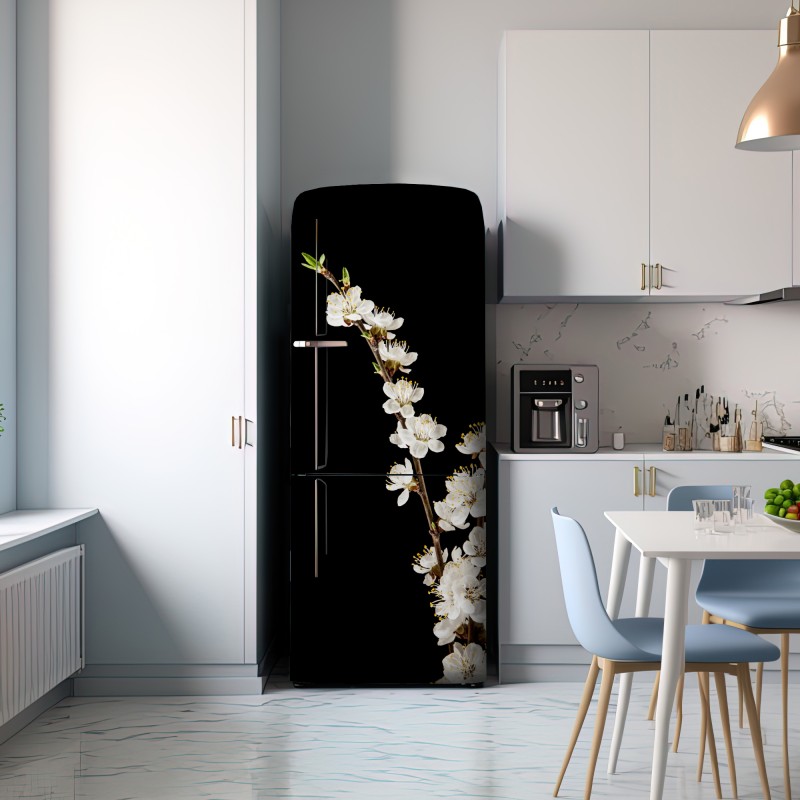Naklejka na lodówkę delikatna gałązka kwitnącej moreli na czarnym tle – Wallissimo® Naklejka na lodówkę delikatna gałązka kwitnącej moreli na czarnym tle – Wallissimo®