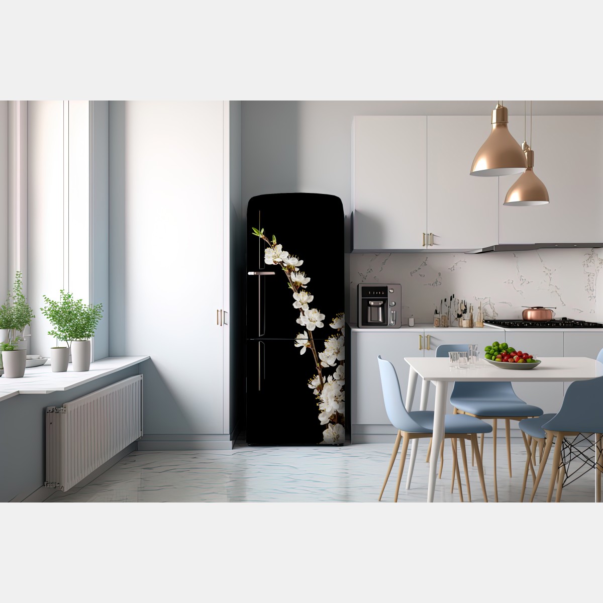 Naklejka na lodówkę delikatna gałązka kwitnącej moreli na czarnym tle – Wallissimo® Naklejka na lodówkę delikatna gałązka kwitnącej moreli na czarnym tle – Wallissimo®