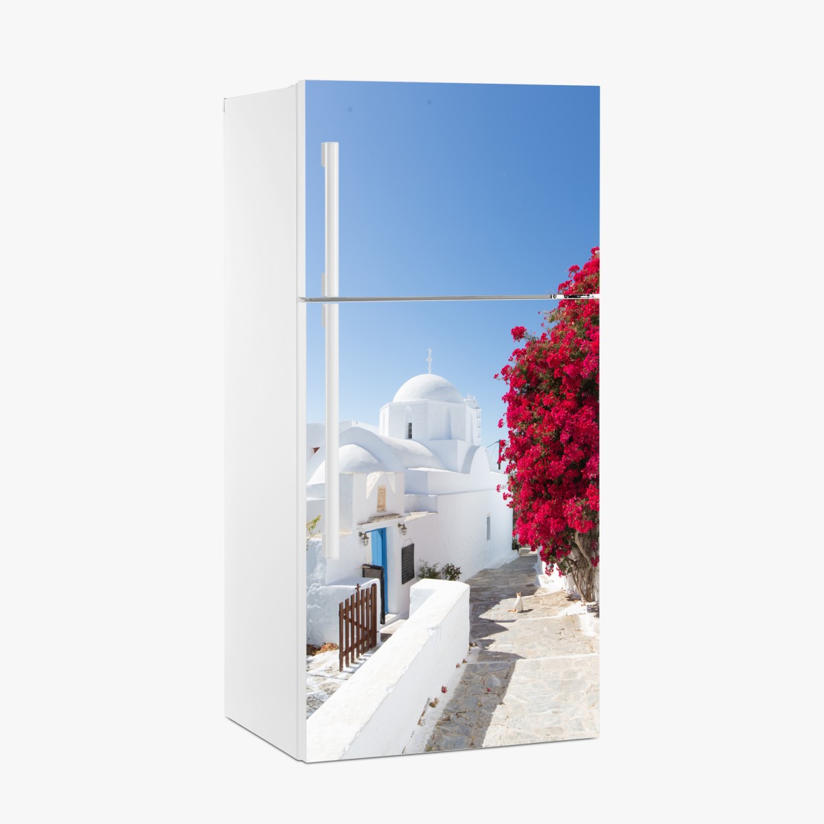 Fridge sticker sunlit island alley with vibrant bougainvillea – Wallissimo®