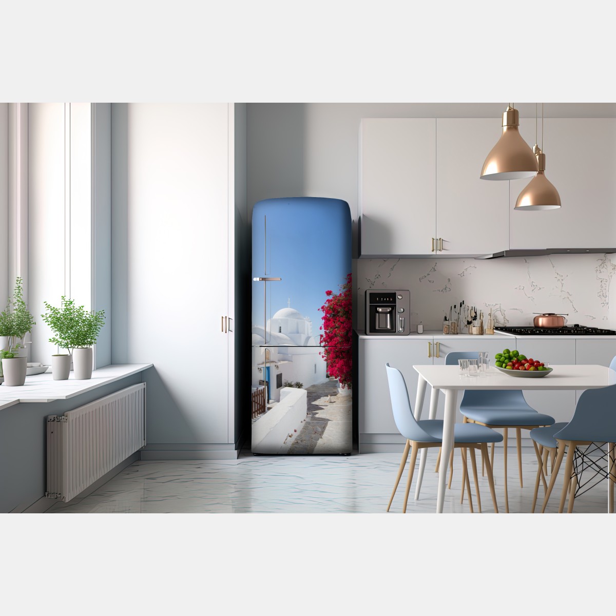 Naklejka na lodówkę słoneczna ulica wyspy z bujną bugenwillą – Wallissimo® Naklejka na lodówkę słoneczna ulica wyspy z bujną bugenwillą – Wallissimo®