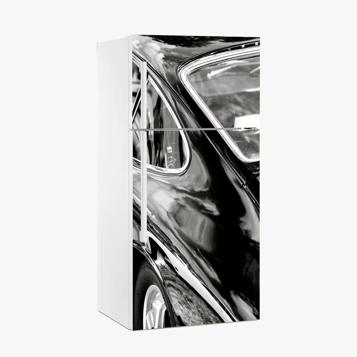 Naklejka na lodówkę zabytkowy tył samochodu w czerni i bieli – Wallissimo® Naklejka na lodówkę zabytkowy tył samochodu w czerni i bieli – Wallissimo®