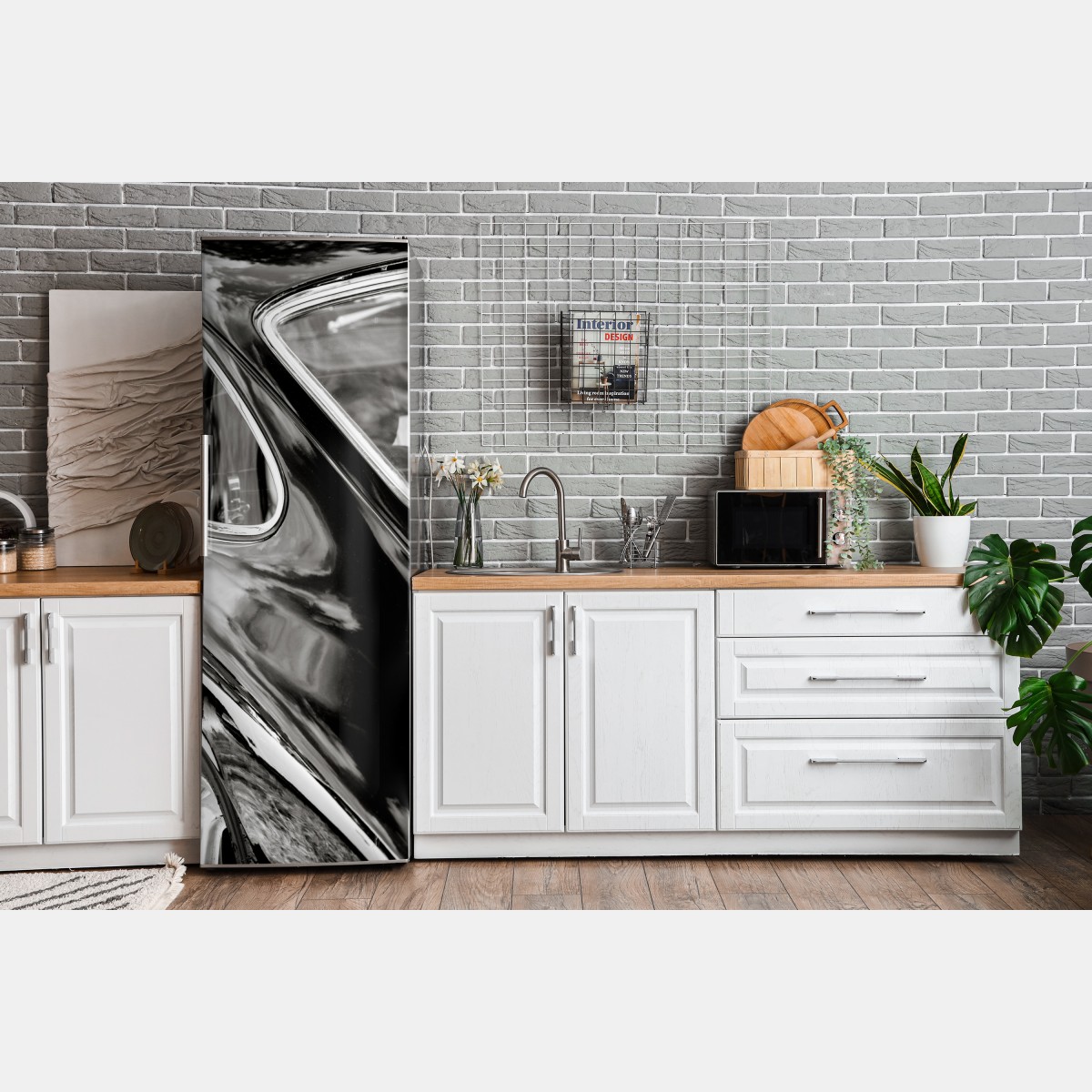 Naklejka na lodówkę zabytkowy tył samochodu w czerni i bieli – Wallissimo® Naklejka na lodówkę zabytkowy tył samochodu w czerni i bieli – Wallissimo®