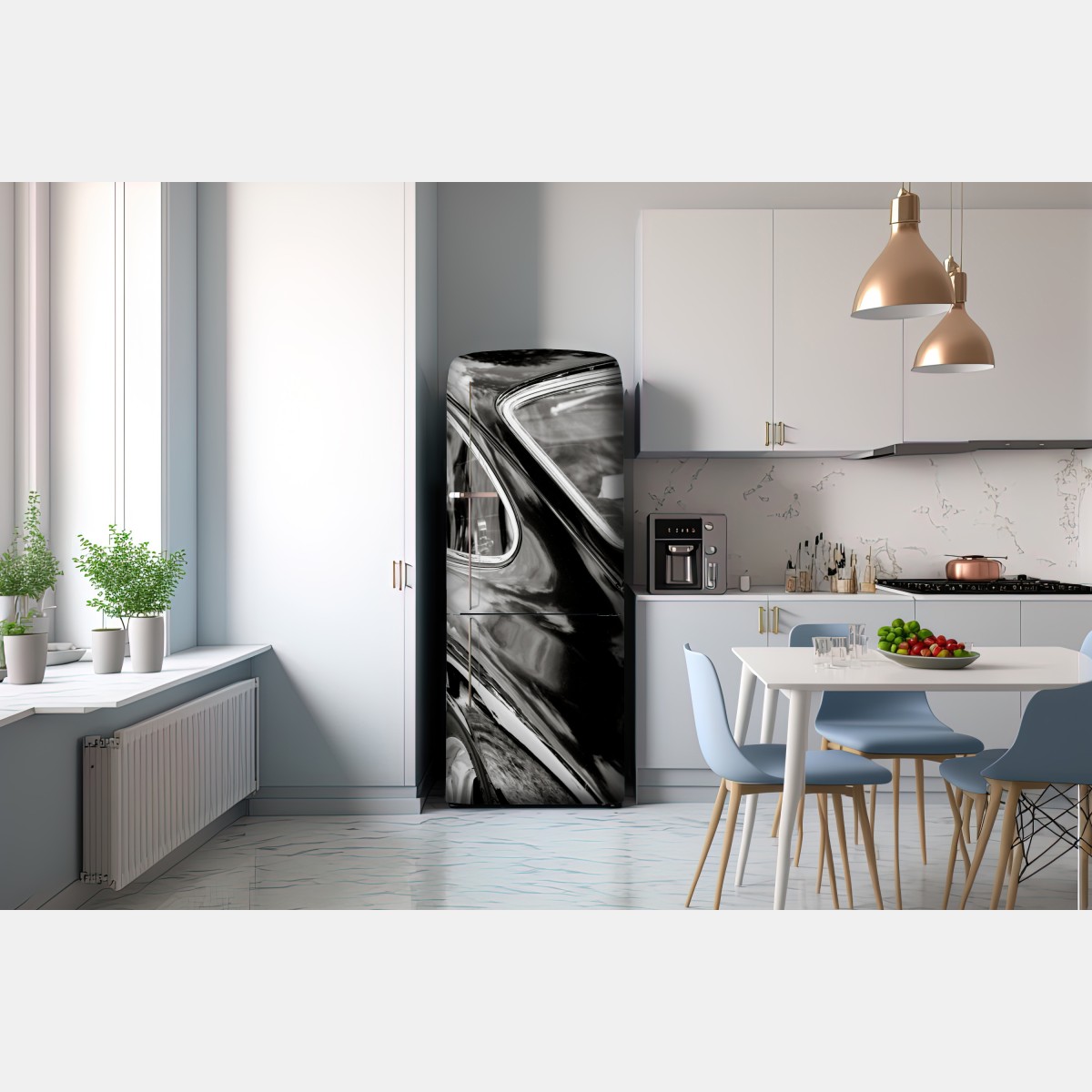 Naklejka na lodówkę zabytkowy tył samochodu w czerni i bieli – Wallissimo® Naklejka na lodówkę zabytkowy tył samochodu w czerni i bieli – Wallissimo®