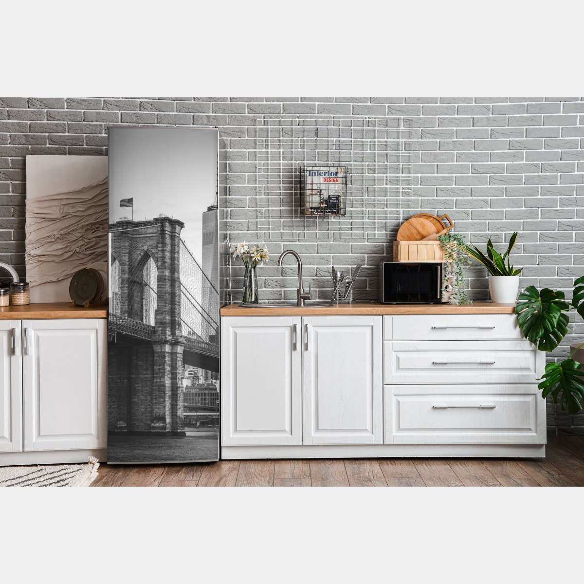 Naklejka na lodówkę most brooklyński w czerni i bieli – Wallissimo® Naklejka na lodówkę most brooklyński w czerni i bieli – Wallissimo®