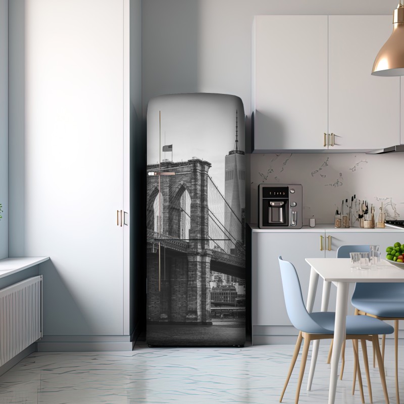 Naklejka na lodówkę most brooklyński w czerni i bieli – Wallissimo® Naklejka na lodówkę most brooklyński w czerni i bieli – Wallissimo®