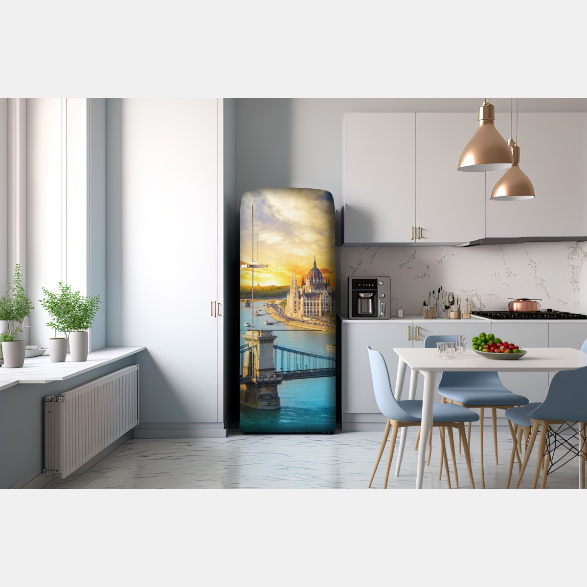 Naklejka na lodówkę zachód słońca nad Budapesztem i mostem łańcuchowym – Wallissimo® Naklejka na lodówkę zachód słońca nad Budapesztem i mostem łańcuchowym – Wallissimo®