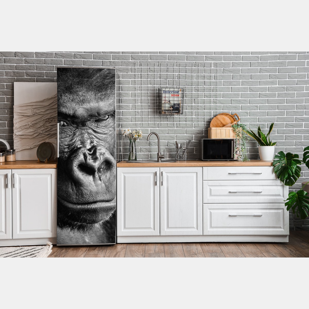 Naklejka na lodówkę intensywny portret goryla w czerni i bieli – Wallissimo® Naklejka na lodówkę intensywny portret goryla w czerni i bieli – Wallissimo®