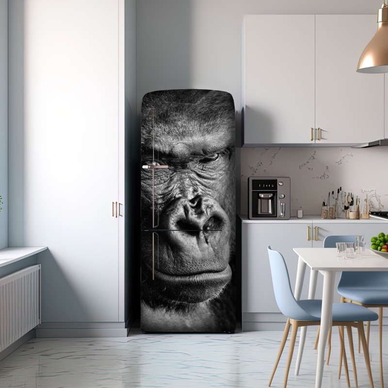 Naklejka na lodówkę intensywny portret goryla w czerni i bieli – Wallissimo® Naklejka na lodówkę intensywny portret goryla w czerni i bieli – Wallissimo®
