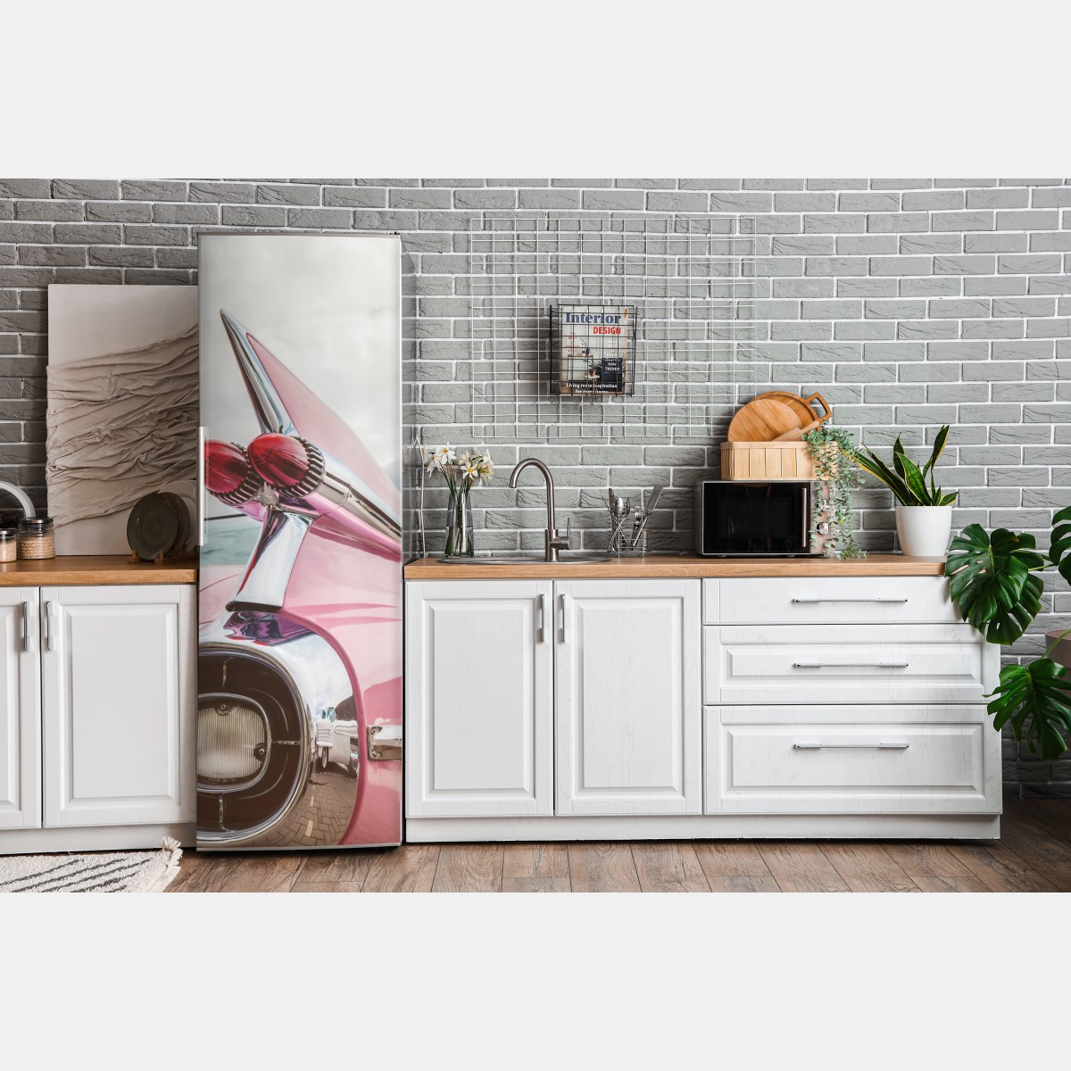 Naklejka na lodówkę różowy retro klasyczny samochód płetwa – Wallissimo® Naklejka na lodówkę różowy retro klasyczny samochód płetwa – Wallissimo®