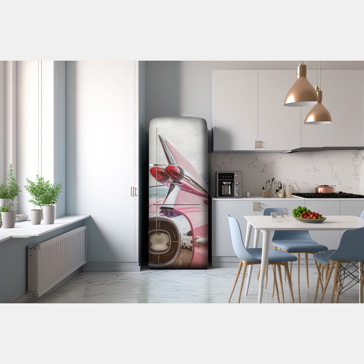 Naklejka na lodówkę różowy retro klasyczny samochód płetwa – Wallissimo® Naklejka na lodówkę różowy retro klasyczny samochód płetwa – Wallissimo®