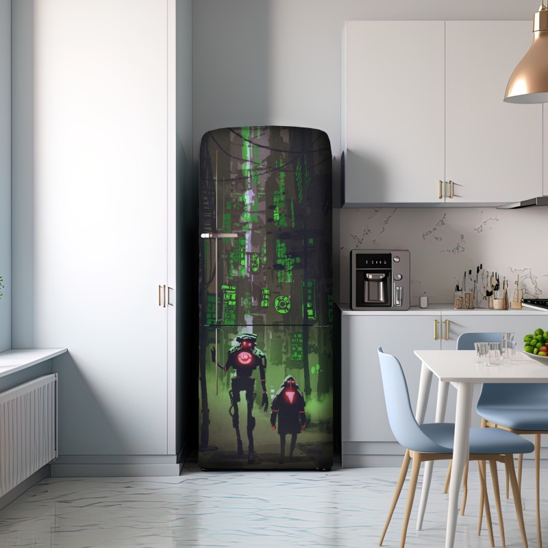 Naklejka na lodówkę roboty w neonowej uliczce – Wallissimo® Naklejka na lodówkę roboty w neonowej uliczce – Wallissimo®