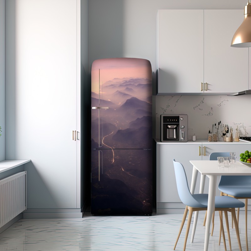 Naklejka na lodówkę mglista pastelowa dolina górska – Wallissimo® Naklejka na lodówkę mglista pastelowa dolina górska – Wallissimo®