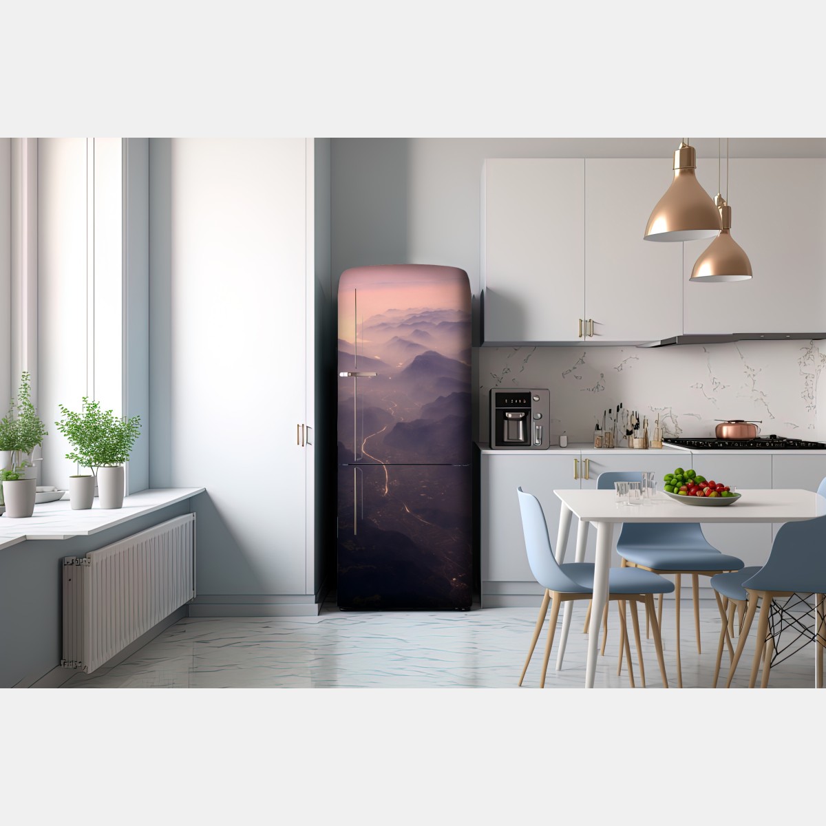 Naklejka na lodówkę mglista pastelowa dolina górska – Wallissimo® Naklejka na lodówkę mglista pastelowa dolina górska – Wallissimo®