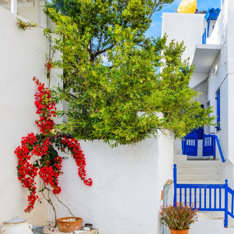 Naklejka na lodówkę słoneczny dziedziniec śródziemnomorski z bugenwillą – Wallissimo® Naklejka na lodówkę słoneczny dziedziniec śródziemnomorski z bugenwillą – Wallissimo®