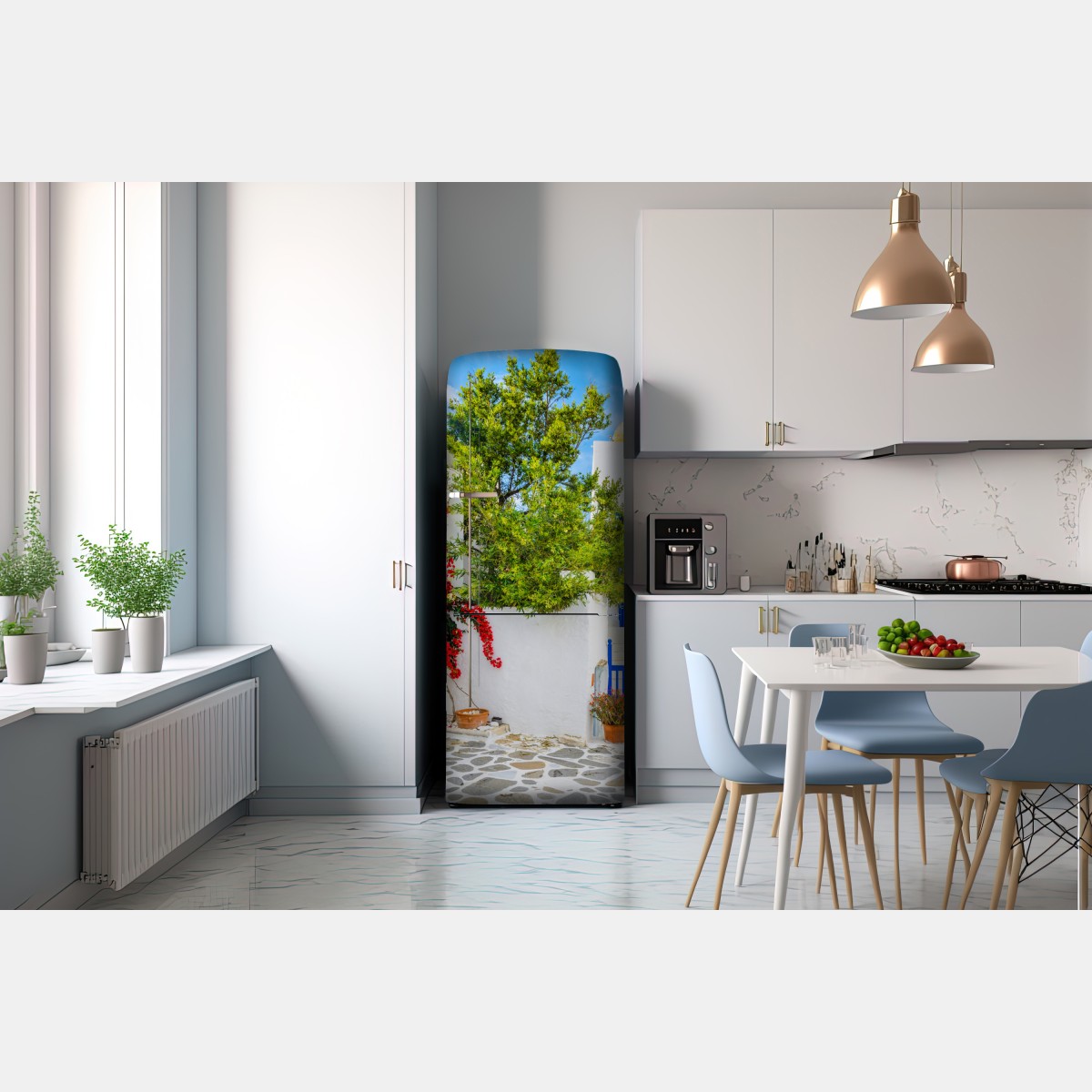 Naklejka na lodówkę słoneczny dziedziniec śródziemnomorski z bugenwillą – Wallissimo® Naklejka na lodówkę słoneczny dziedziniec śródziemnomorski z bugenwillą – Wallissimo®