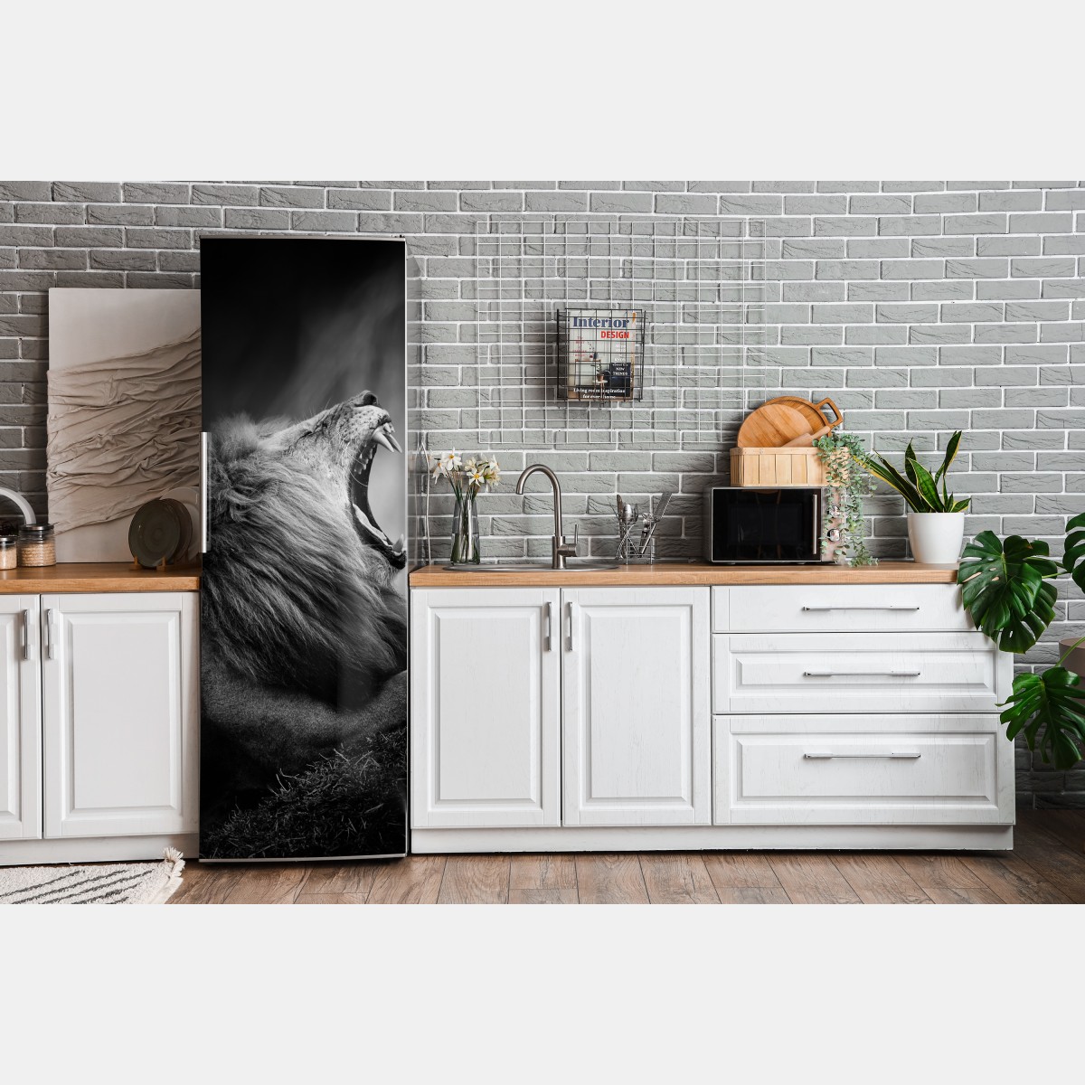 Naklejka na lodówkę majestatyczny ryczący lew w monochromie – Wallissimo® Naklejka na lodówkę majestatyczny ryczący lew w monochromie – Wallissimo®