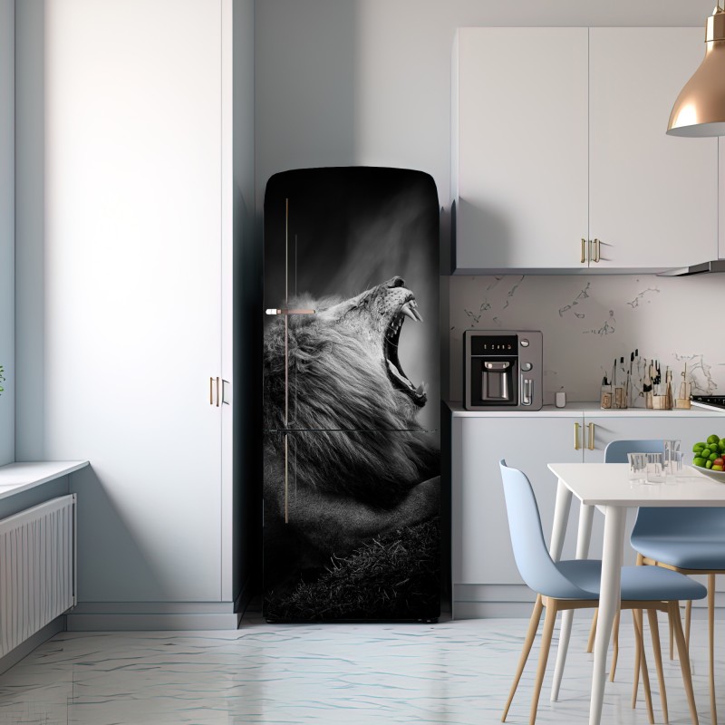Naklejka na lodówkę majestatyczny ryczący lew w monochromie – Wallissimo® Naklejka na lodówkę majestatyczny ryczący lew w monochromie – Wallissimo®
