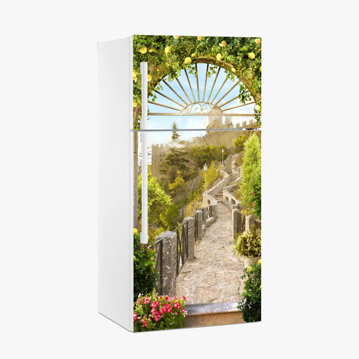 Naklejka na lodówkę słoneczna ścieżka ogrodowa prowadząca do zamku – Wallissimo® Naklejka na lodówkę słoneczna ścieżka ogrodowa prowadząca do zamku – Wallissimo®