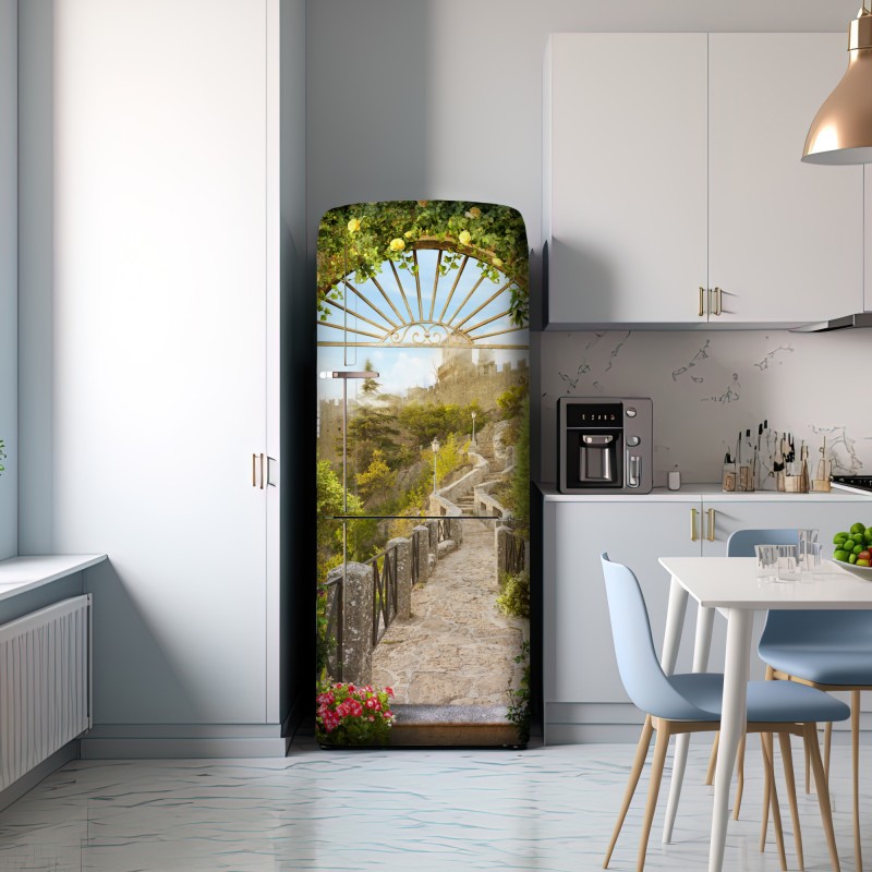 Naklejka na lodówkę słoneczna ścieżka ogrodowa prowadząca do zamku – Wallissimo® Naklejka na lodówkę słoneczna ścieżka ogrodowa prowadząca do zamku – Wallissimo®
