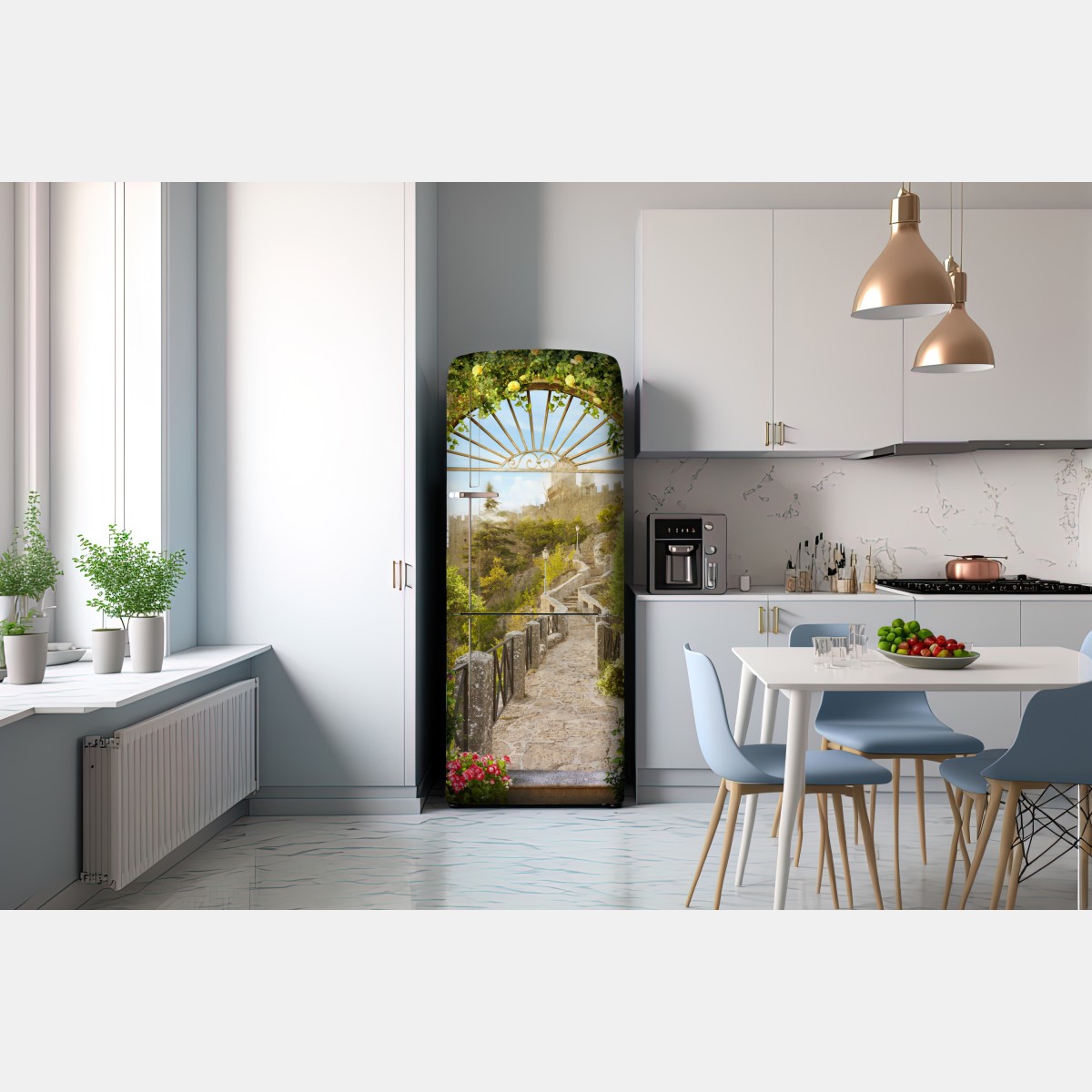Naklejka na lodówkę słoneczna ścieżka ogrodowa prowadząca do zamku – Wallissimo® Naklejka na lodówkę słoneczna ścieżka ogrodowa prowadząca do zamku – Wallissimo®