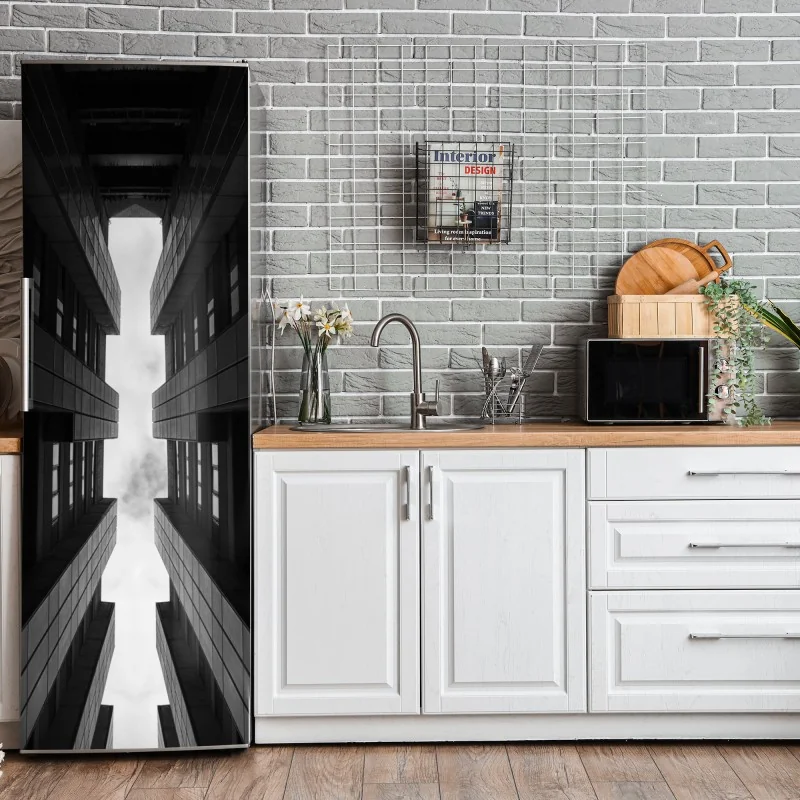 Naklejka na lodówkę pionowa miejska symetria w monochromie – Wallissimo® Naklejka na lodówkę pionowa miejska symetria w monochromie – Wallissimo®